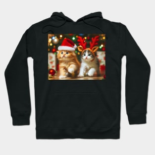 Cute kittens with Santa Claus and reindeer hats and Christmas tree Hoodie